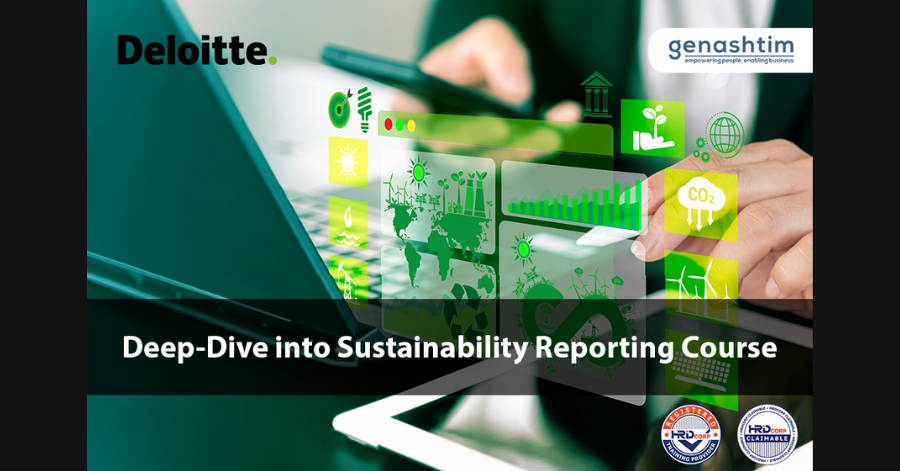 Poster with some floating graphic with collaboration of Deloitte and Genashtim where with title of "Deep dive into sustainability Reporting Course" overlayed.