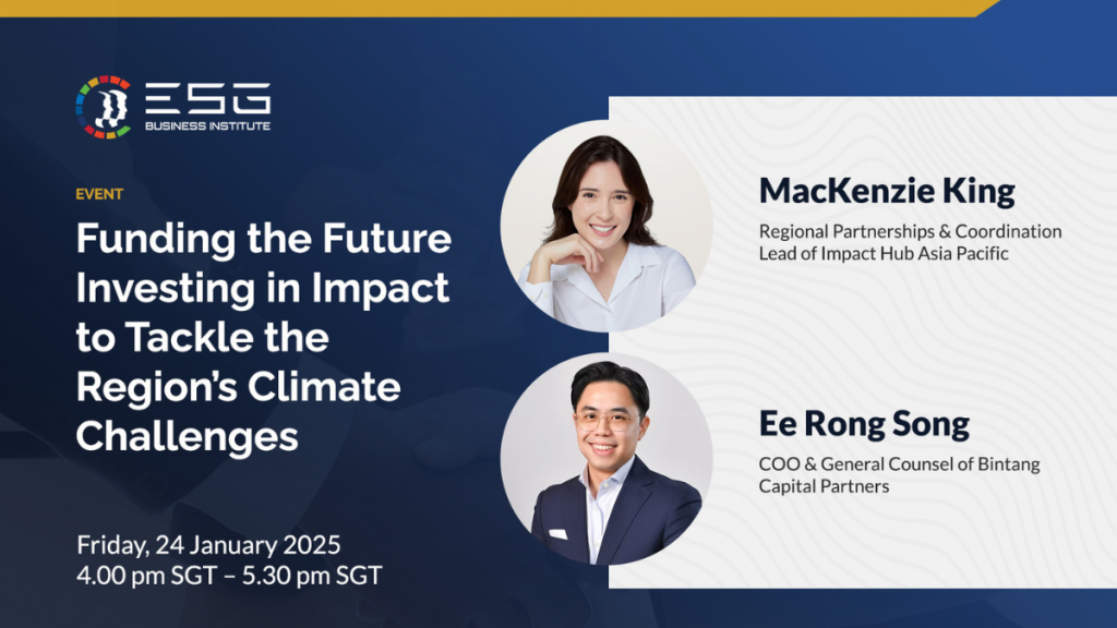 Event Banner of with phrase of Funding the future investing in impact to tackle the regions climate challenges and the speaker's profile