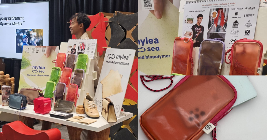 Collage of pictures where MYCL was displaying their newest biomaterial that made from seaweed including begs, shoes and etc